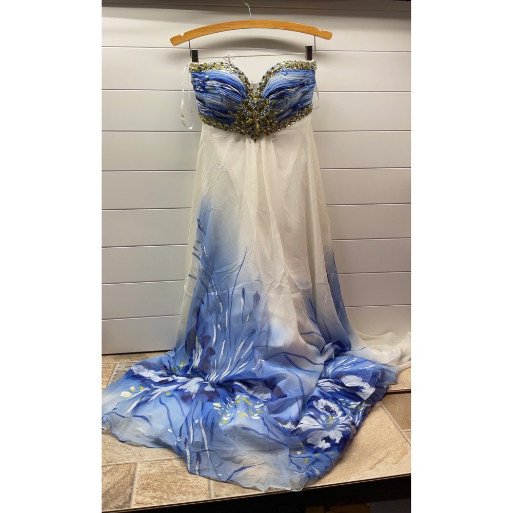 Terani Couture Blue Ombre Floral Beaded Sweetheart Chiffon Evening Strapless